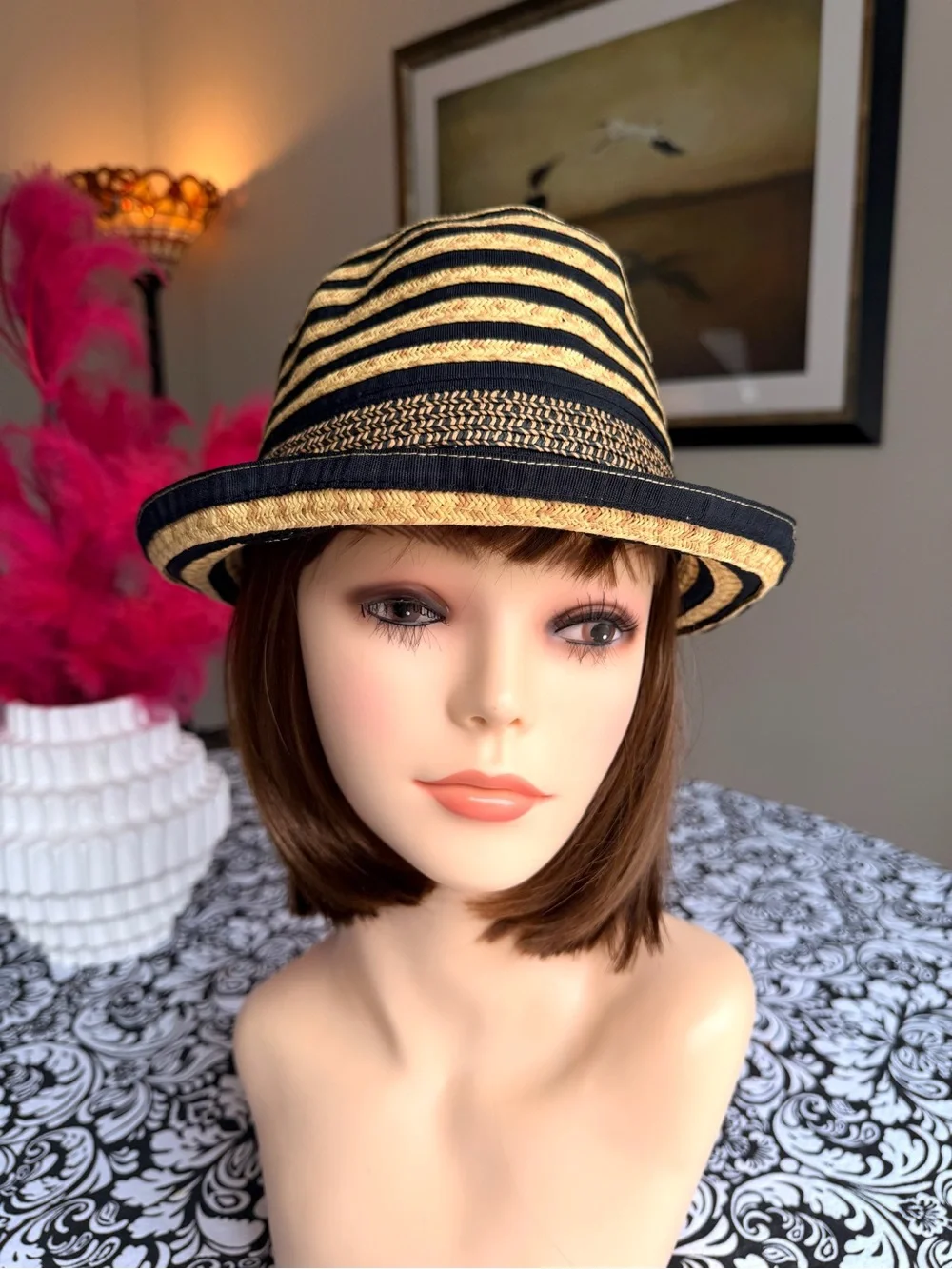 Calvin Klein Black Tan Striped Woven Fedora Hat